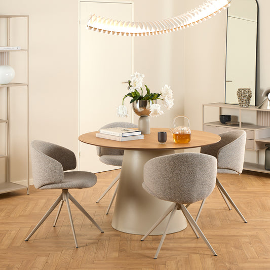 Soli Round Dining Table in Oak/Grey 120cm includes 4 Ella Swivel Beige Dining Chairs