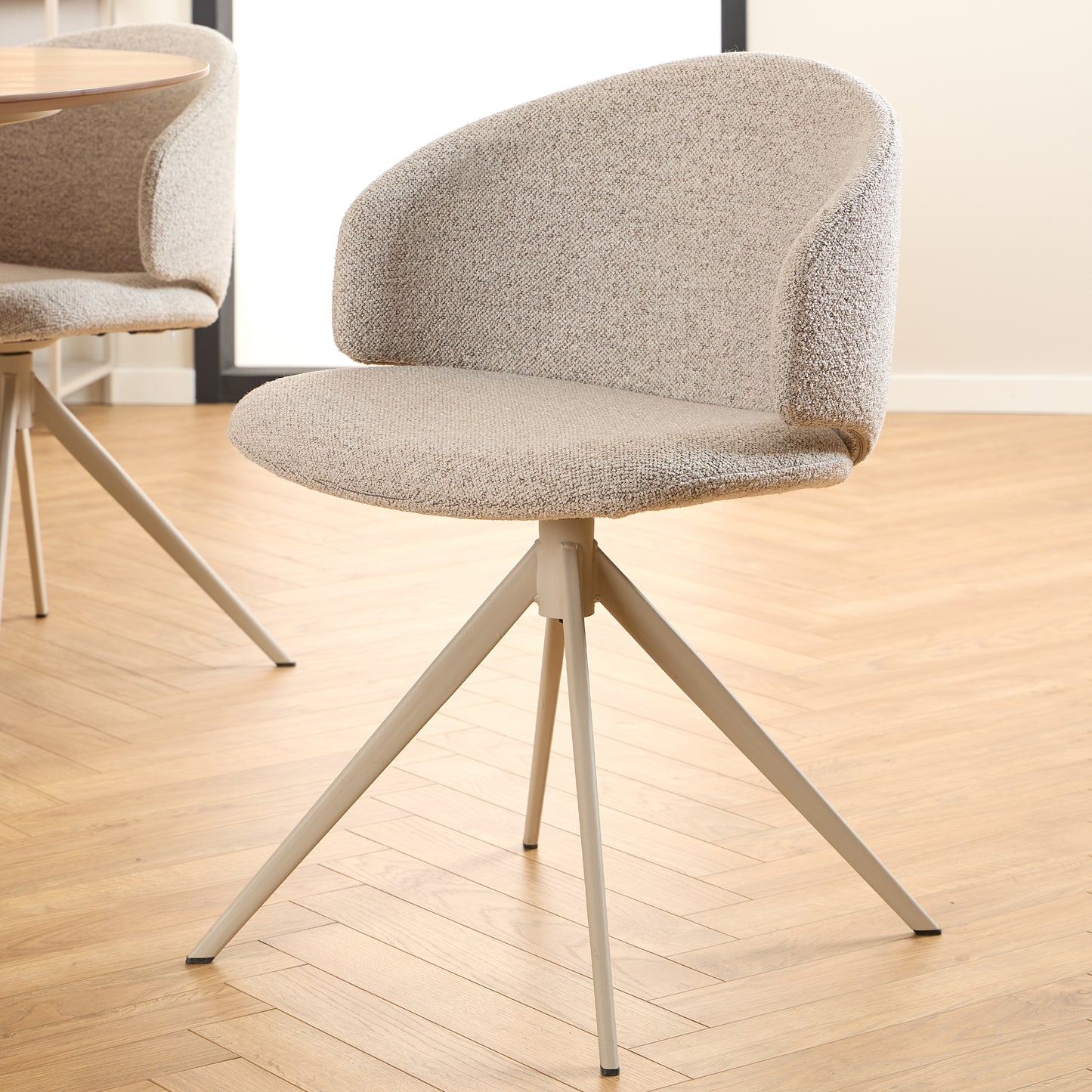 Soli Round Dining Table in Oak/Grey 120cm includes 4 Ella Swivel Beige Dining Chairs