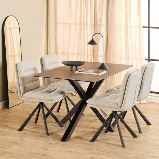 Heaven Dining Table includes Ceramic Rusty Brown Top 135x80cm includes 4 Dean Beige swivel Dining chairs