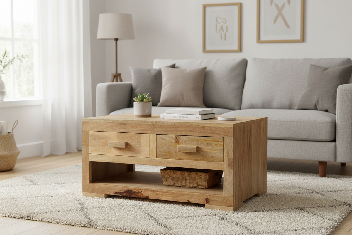 Light Mango Wood 90cm 2 Drawer Coffee Table