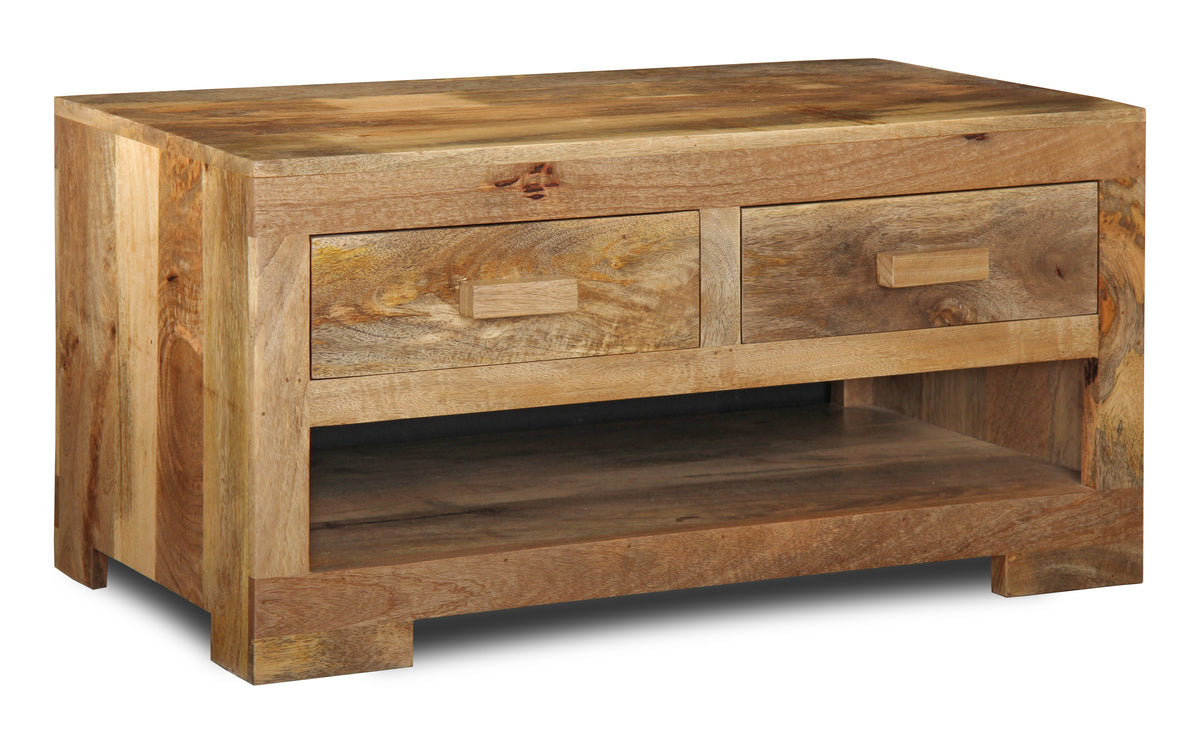 Light Mango Wood 90cm 2 Drawer Coffee Table