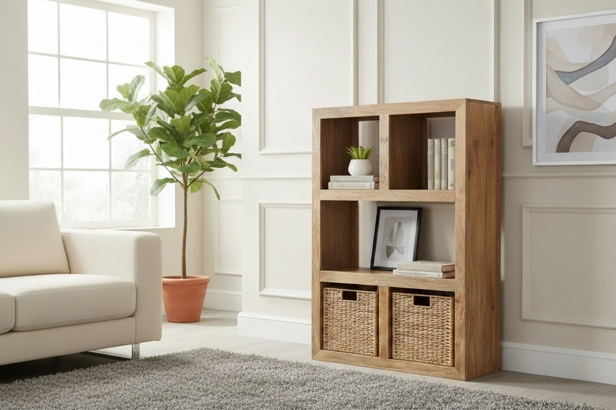 Light Dakota Mango wood 98cm open Bookcase with Rattan Baskets