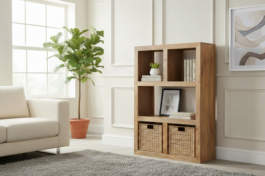 Light Dakota Mango wood 98cm open Bookcase with Rattan Baskets