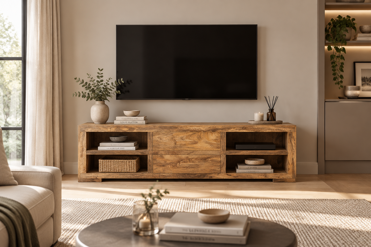 Light Mango Wood 170cm 2 Drawer Media Unit